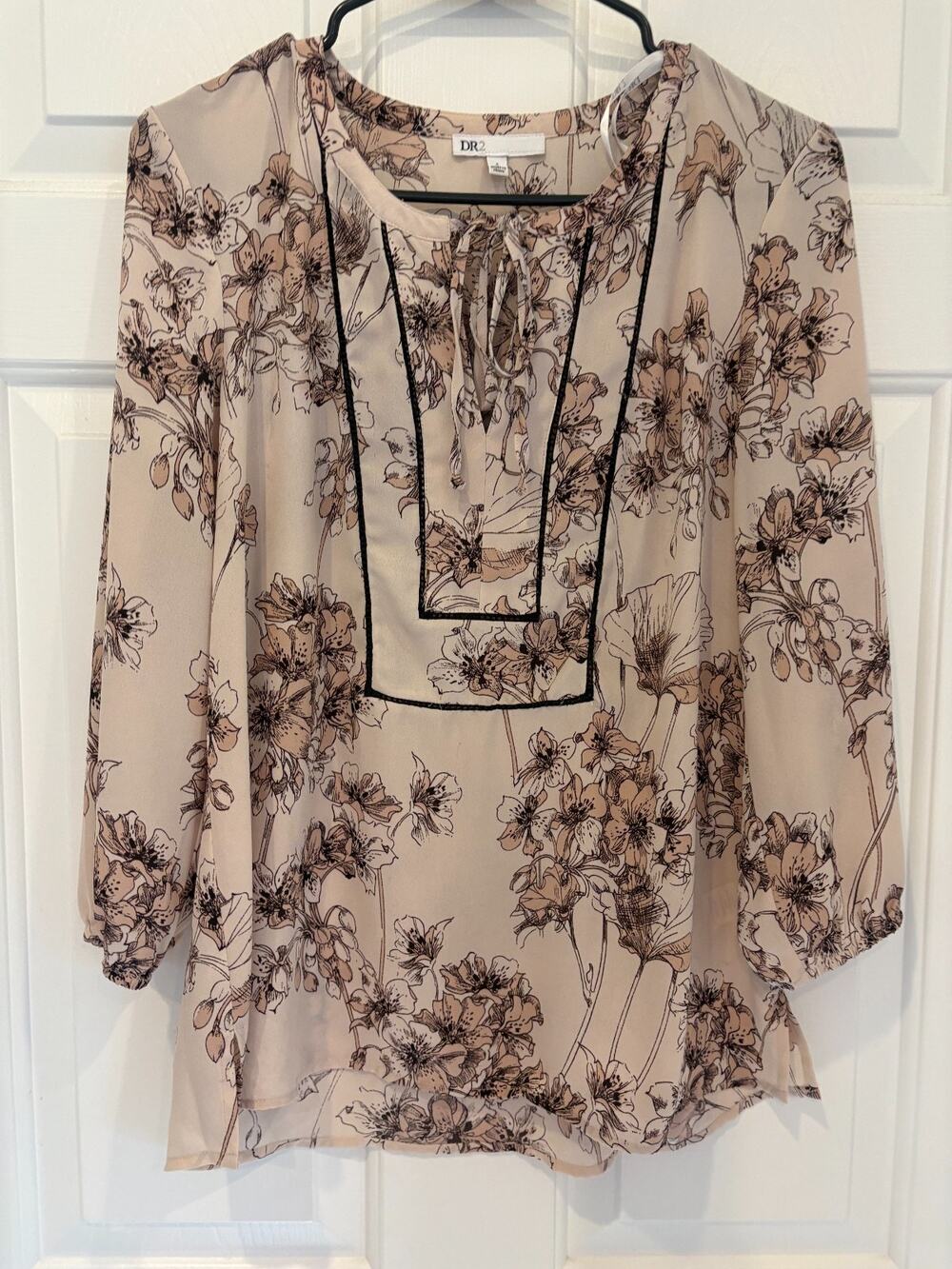 DR2 Daniel Rainn Floral Blouse Tie Neck Boho Peasant Top 3/4 Sleeve Small 6-10